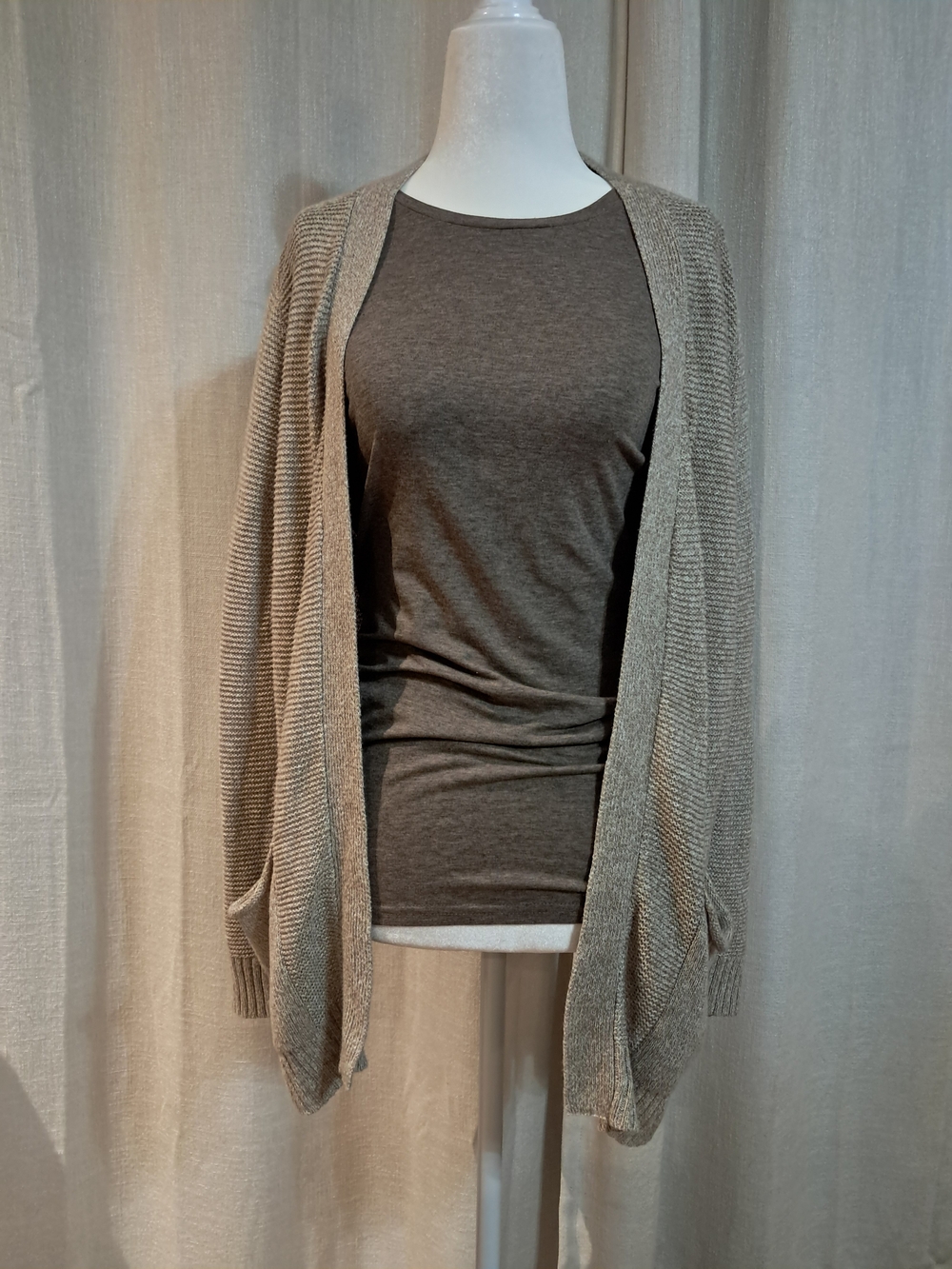 Cotton Emporium Open-Front Taupe Knit CardiganAnd Shirt Set - Medium And Small